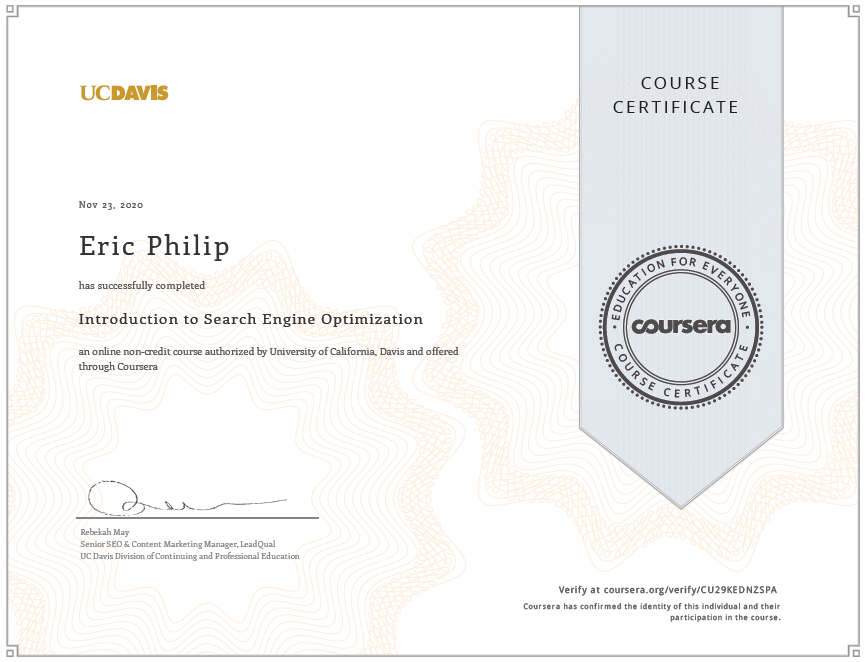 SEO content writing certification for Eric Philip | Optimal Web Impressions - website content writing