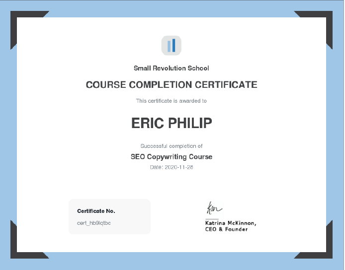 Small revolution school certification for Eric hilip | Optimal Web Impressions - website content writing
